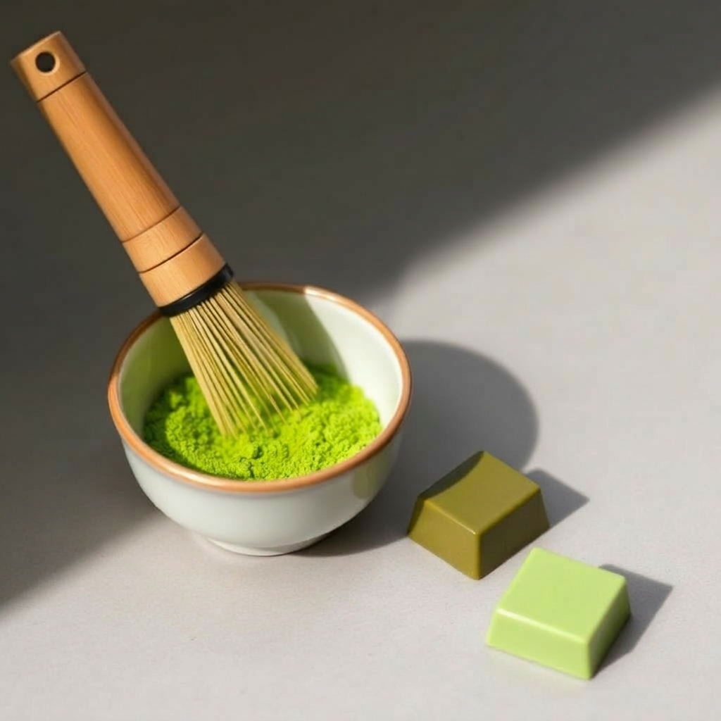 Traditional Japanese matcha ceremonial bowl filled with vivid green whisked tea beside a bamboo whisk on a dark surface