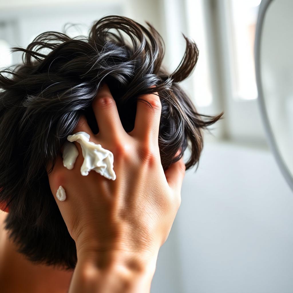 Man\u2019s fingers working matte hair paste through his textured dark hair in a bright bathroom