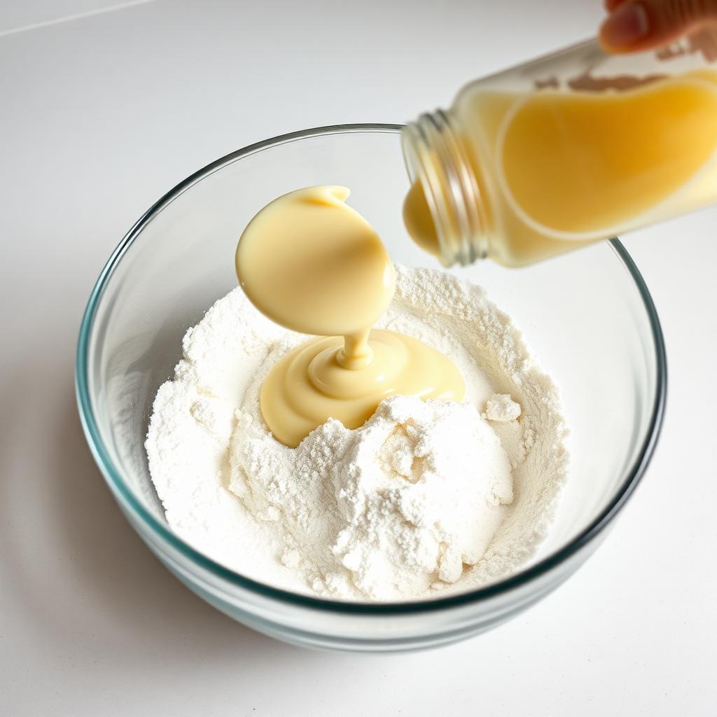 A jar of mayonnaise being scooped into a glass mixing bowl of self rising flour