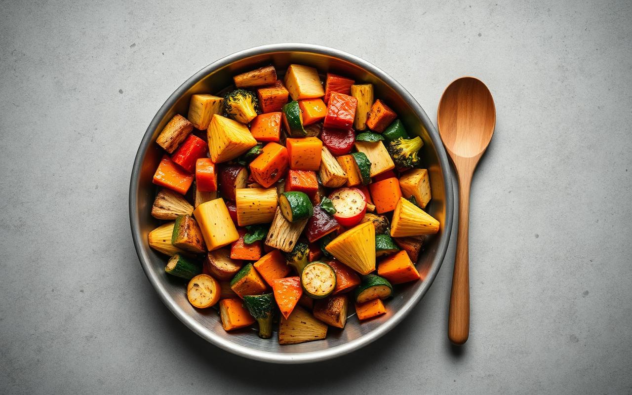 Sheet pan of roasted vegetables prepared during a batch meal prep session