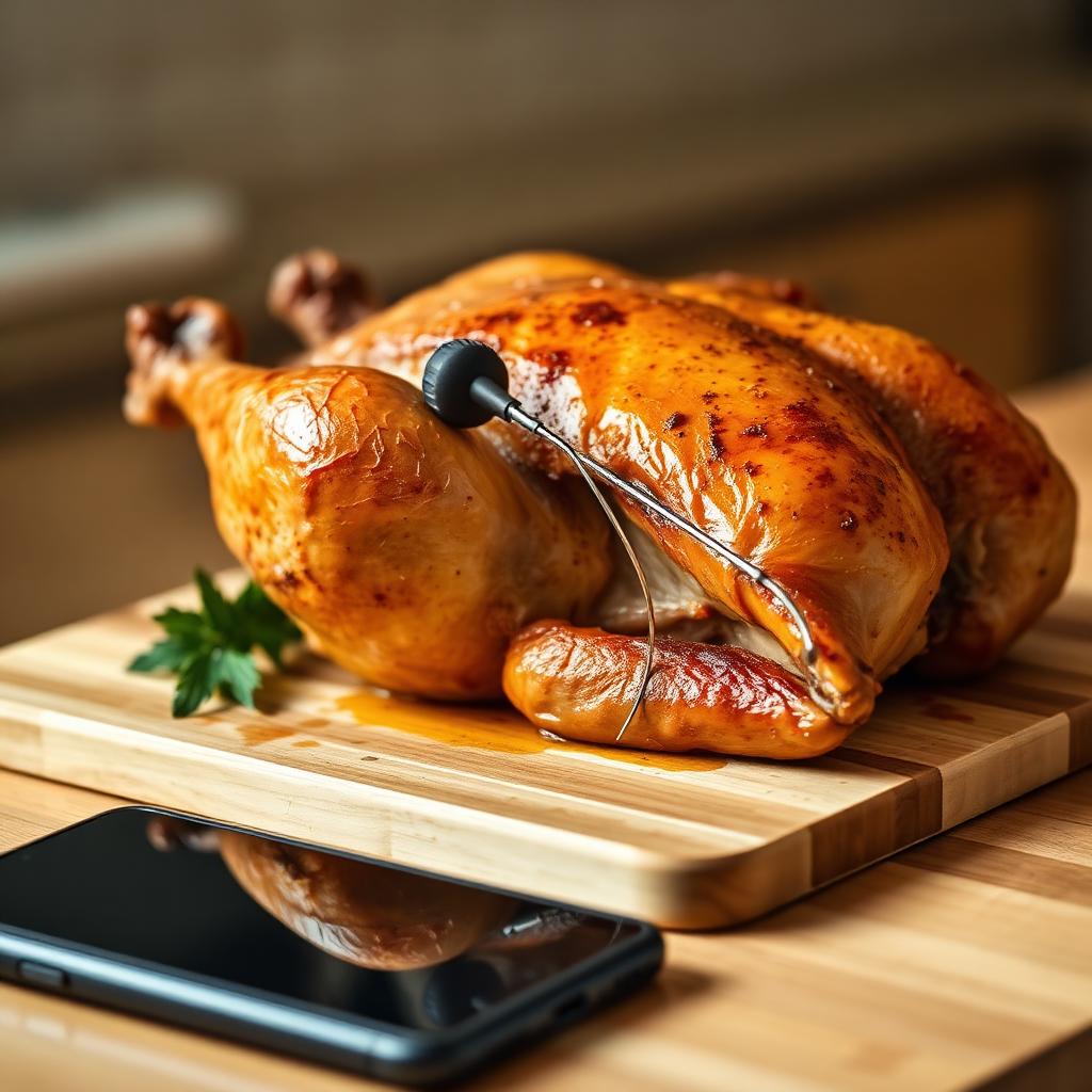 A thin wireless meat probe inserted into a whole roasted chicken on a wooden cutting board with a smartphone nearby