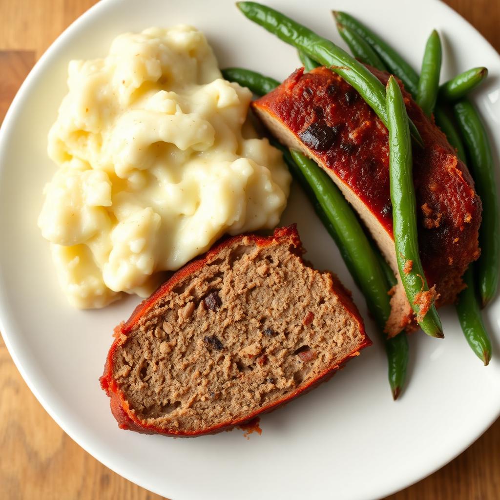A home style plated meatloaf slice with creamy garlic mashed potatoes and bright green beans on a white plate.