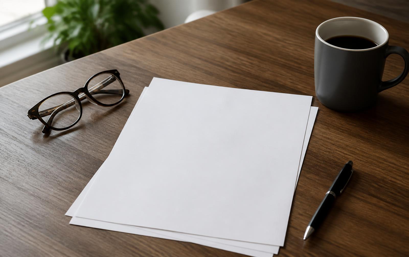 Medicare enrollment plan paperwork with reading glasses, a pen and coffee on a wooden desk