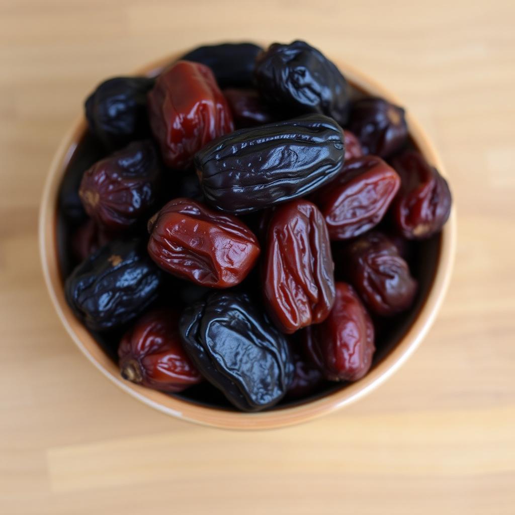 Pile of plump fresh medjool dates in a small ceramic bowl on a wooden surface
