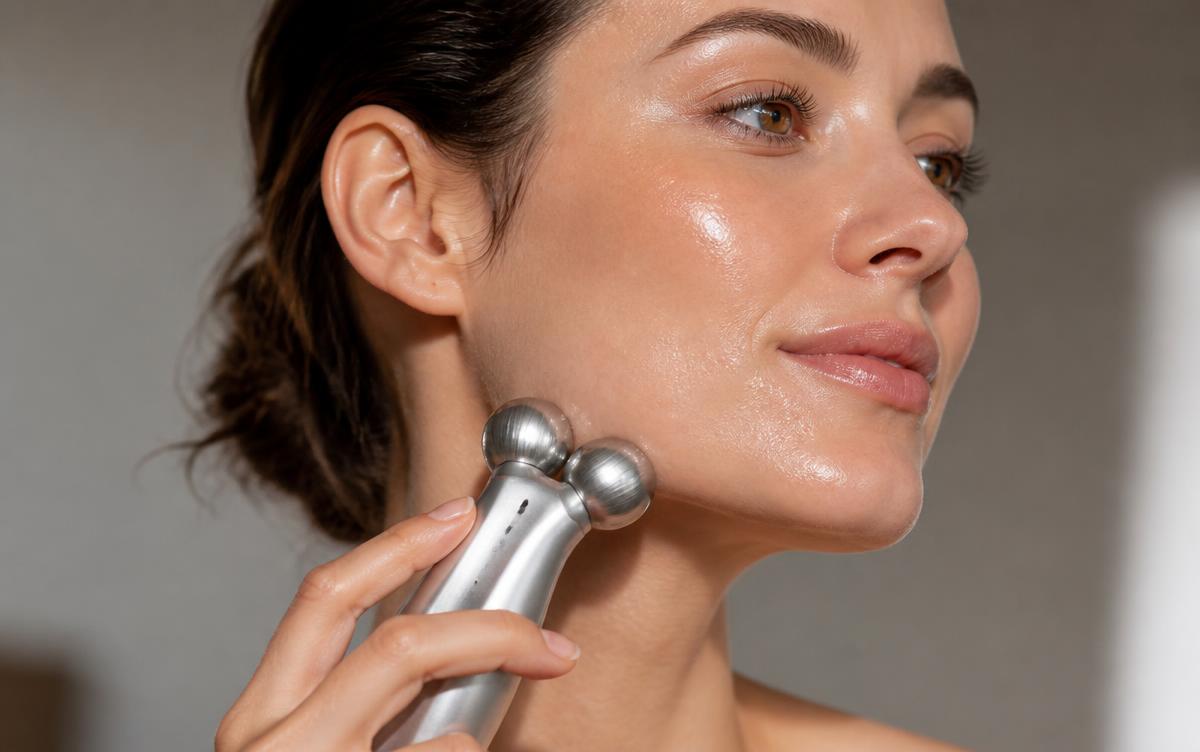 Close up of a woman gliding a silver sphere microcurrent device up her jawline with a thin layer of conductive gel