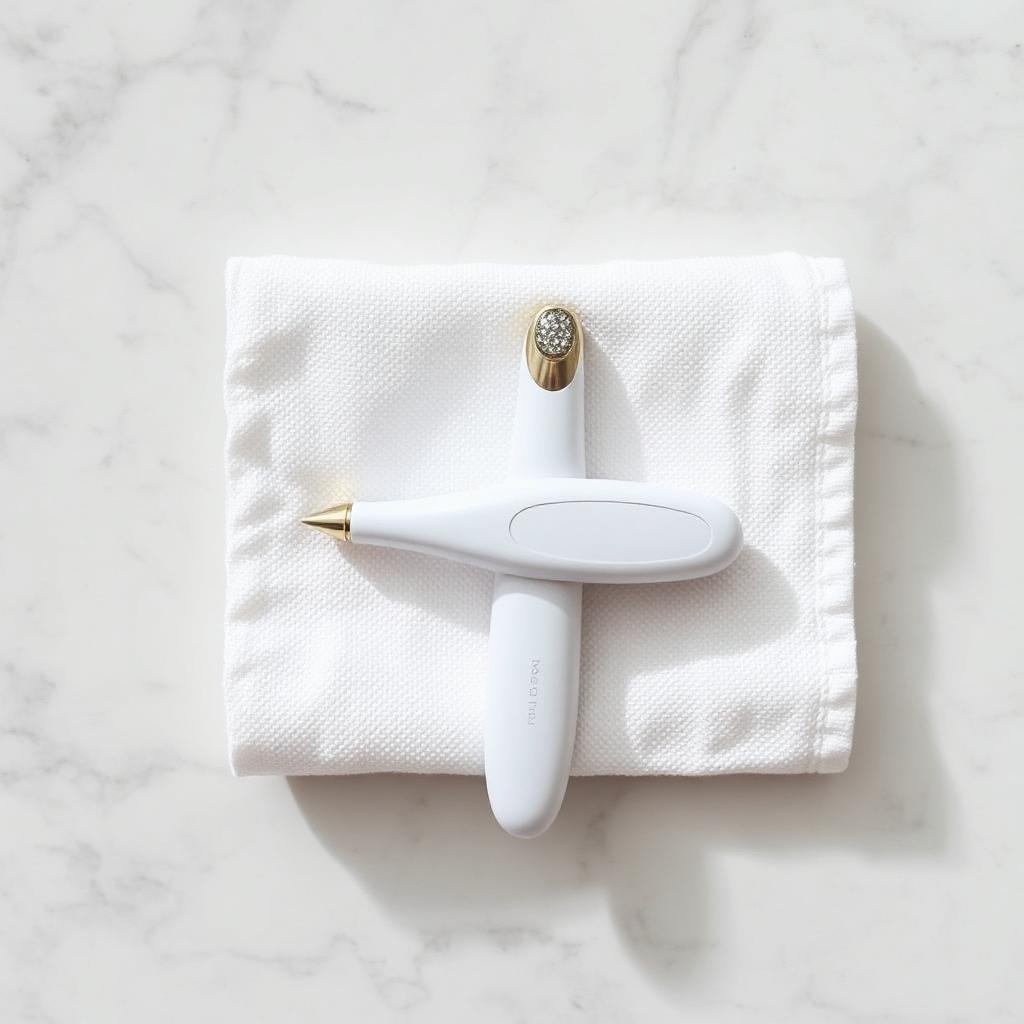 A small unbranded white diamond-tip microdermabrasion wand resting on a folded white cotton washcloth on white marble
