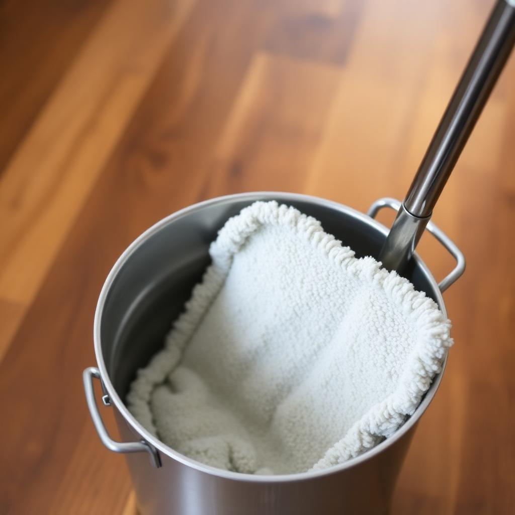 Flat microfiber mop pad being wrung out into a metal bucket above polished hardwood floor planks