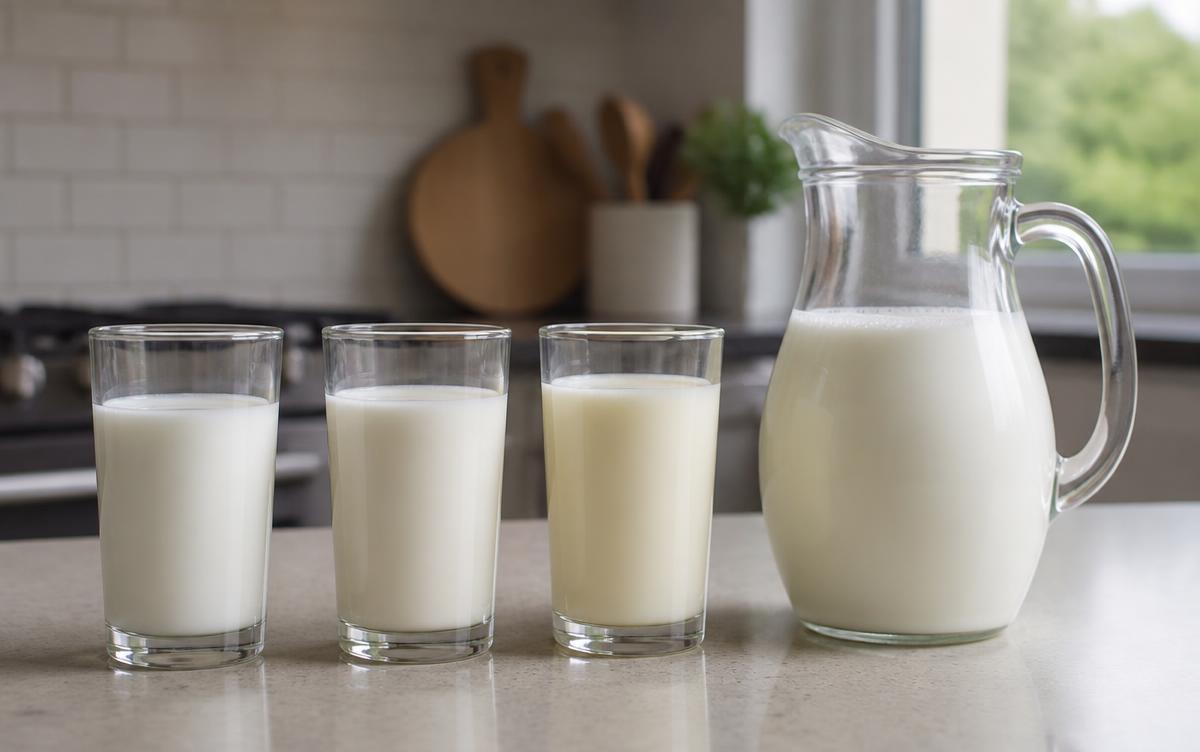 Glasses of milk at different fat levels lined up beside a glass jug