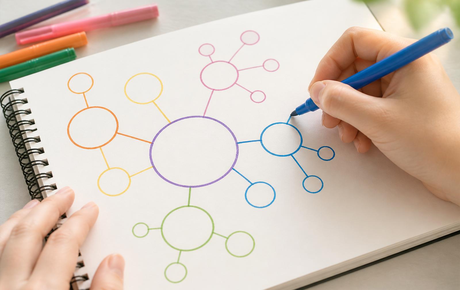 Person sketching a colorful radial diagram in a notebook with colored pens