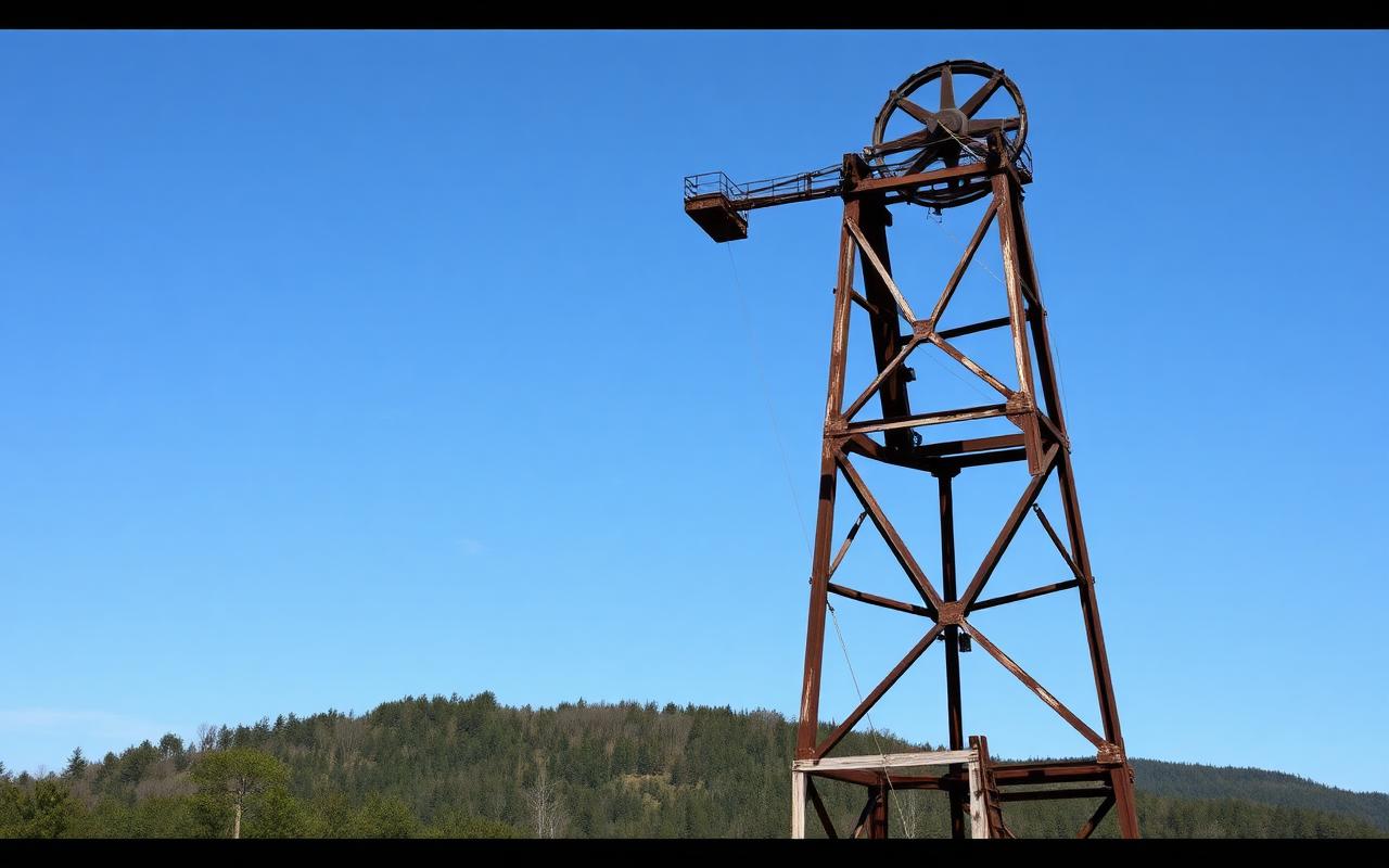 Tall steel mine headframe above wooded hills, matching the mining theme of the new Silver Dollar City coaster