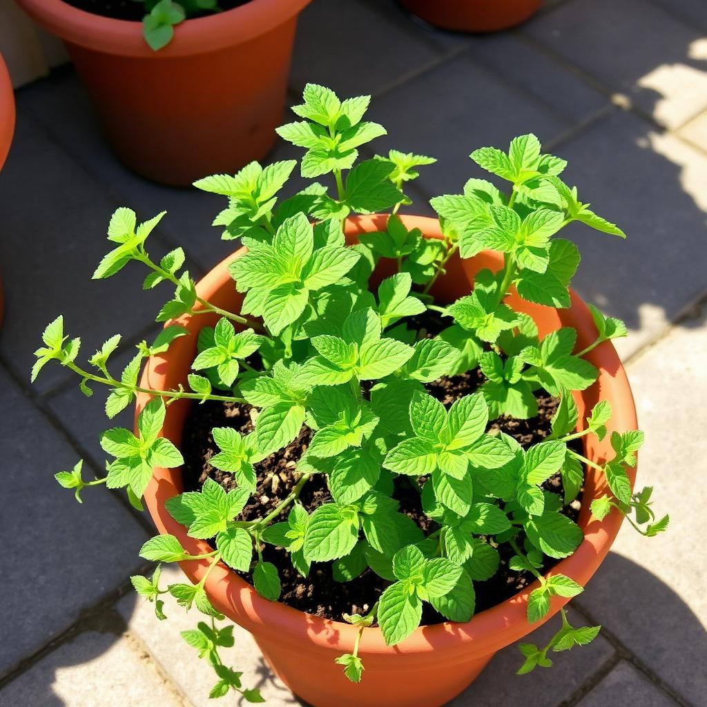 A vigorous mint plant growing in a terracotta container with horizontal runner stems creeping over the rim dark green leaves sunny garden patio