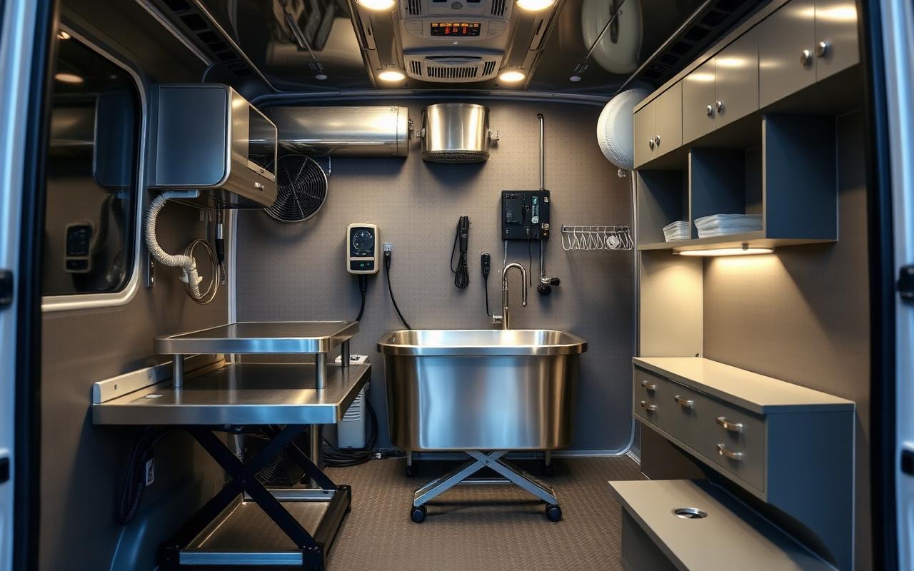 Interior of a mobile dog grooming van showing a hydraulic grooming table, stainless steel tub, wall-mounted high-velocity dryer and organized storage
