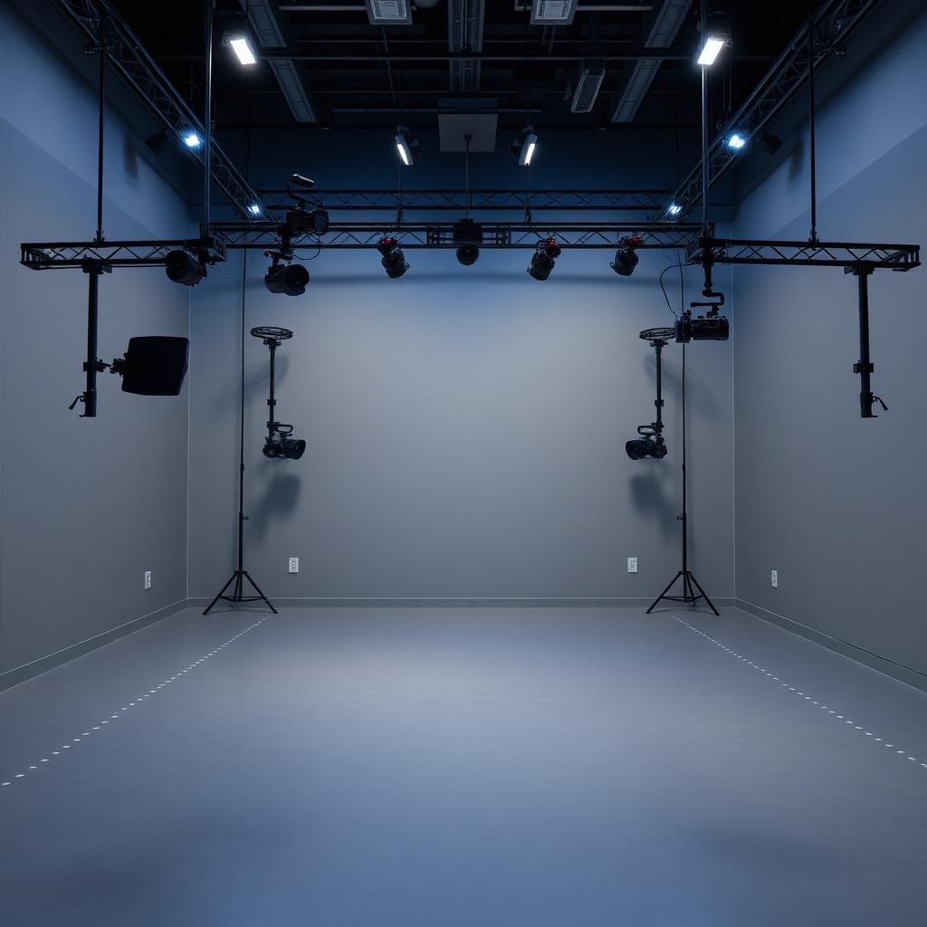Empty modern motion capture studio with overhead camera rigs and dotted floor markers under blue lighting