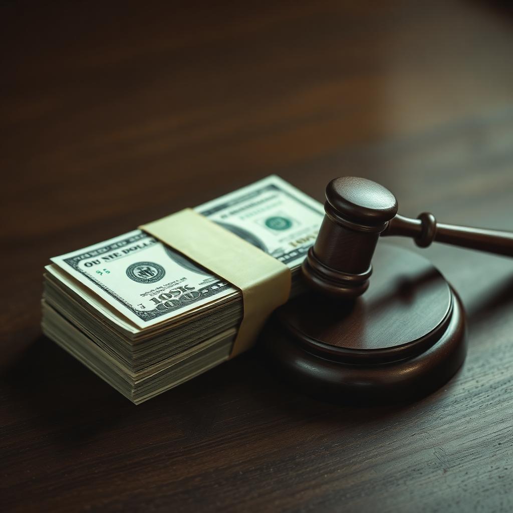 A neat stack of US one hundred dollar bills next to a polished wooden gavel and sound block on a dark walnut desk, moody side lighting.
