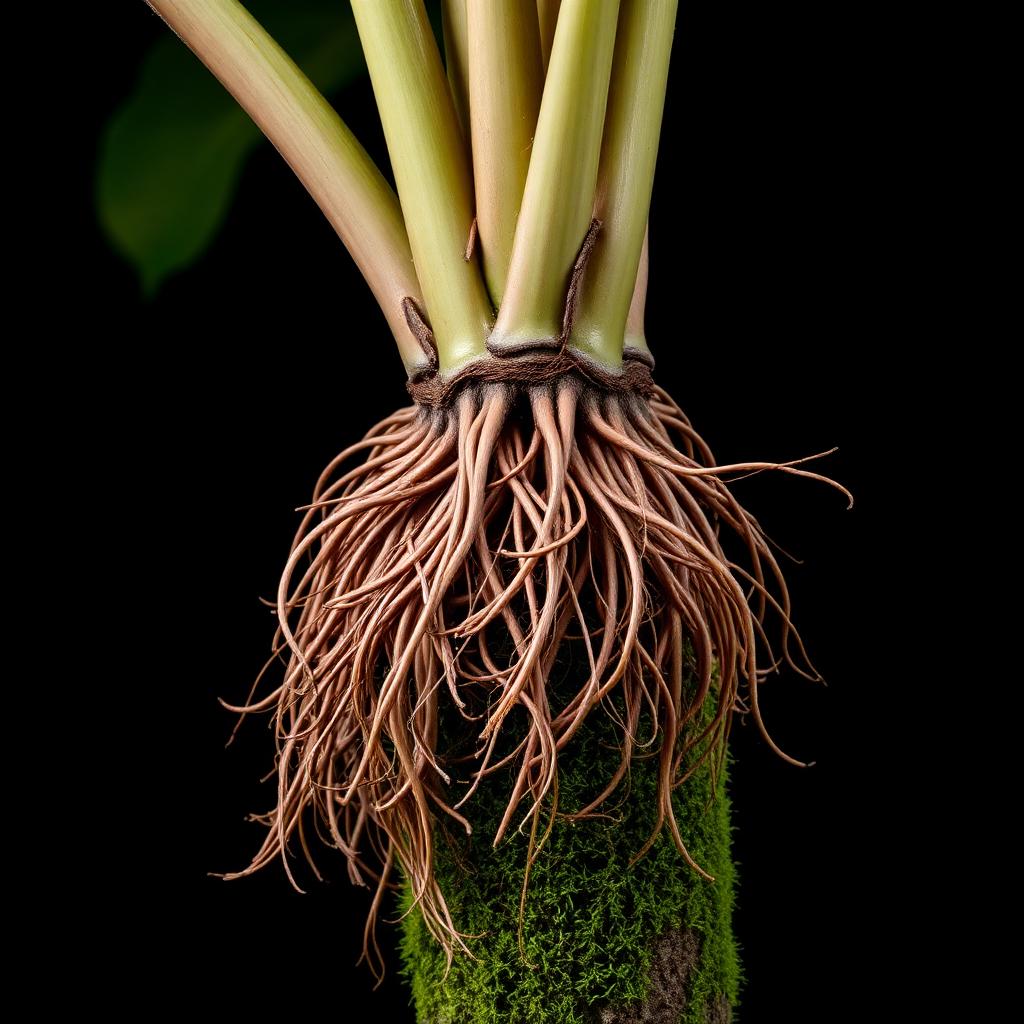 Close up of thick brown Monstera aerial roots hanging from a stem, ready to be tucked into the soil or a moss pole.
