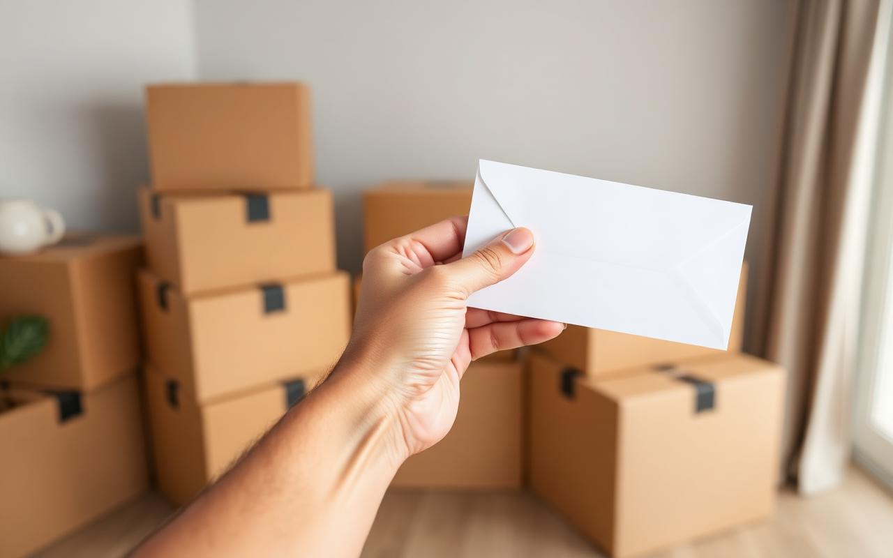 Hand holding a plain envelope of cash tip for movers beside stacked moving boxes