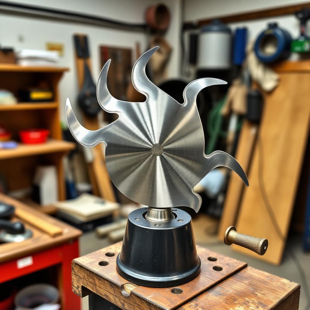 Lawn mower blade balanced on a cone balancer tool on a workbench