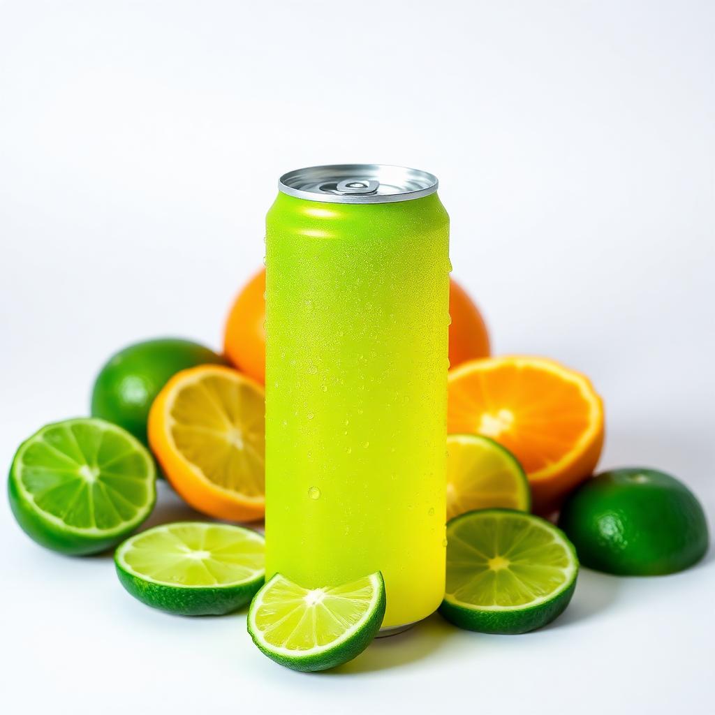 Bright green citrus soda can with condensation surrounded by sliced limes and oranges on a white background