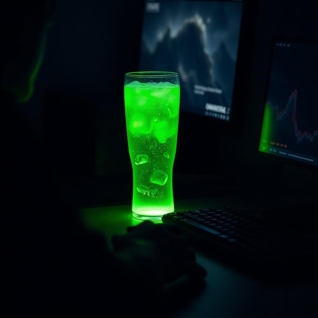 Tall glass of bright green soda glowing on a dark gaming desk beside a keyboard and monitor