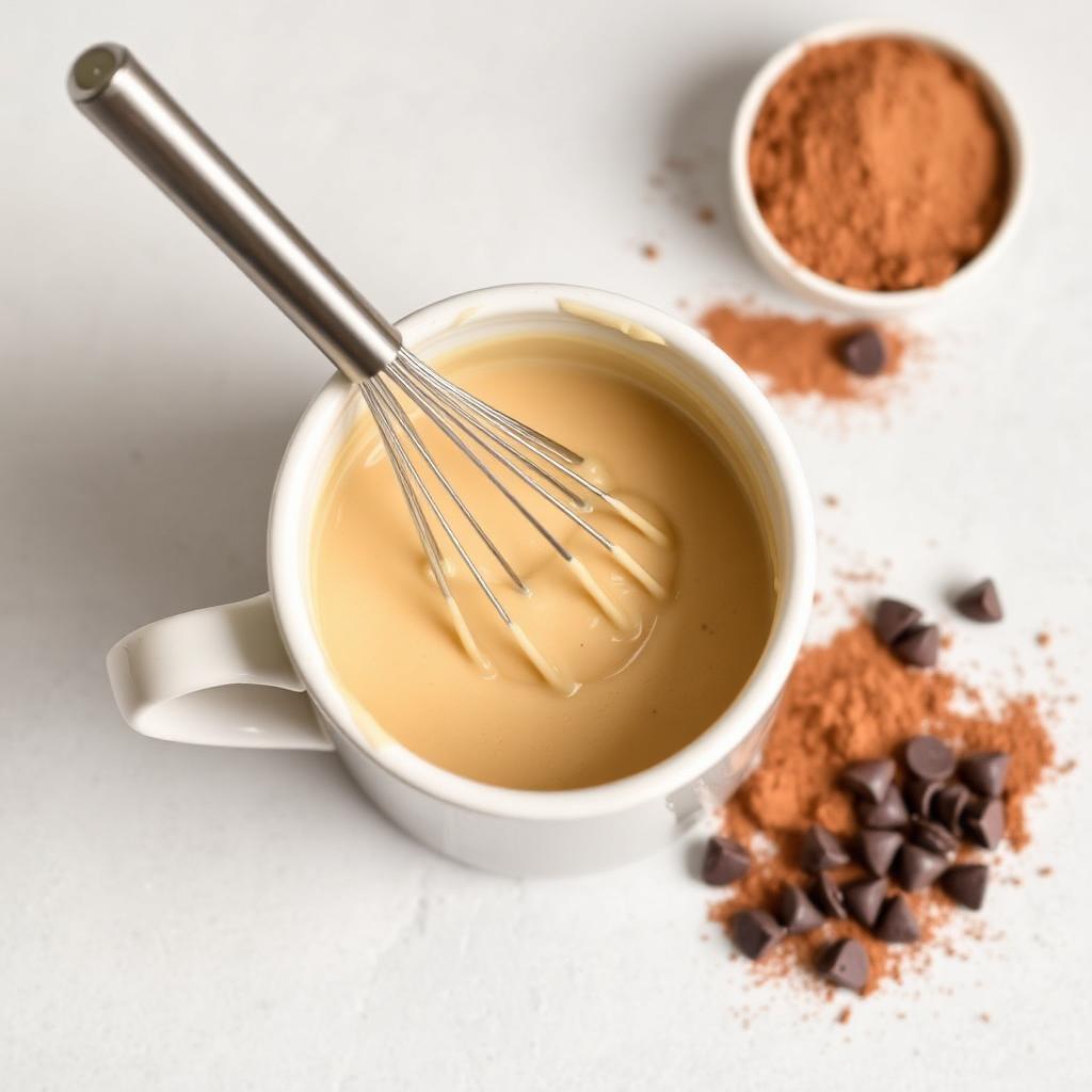 Whisking mug cake batter inside a ceramic mug with cocoa powder and chocolate chips on the side