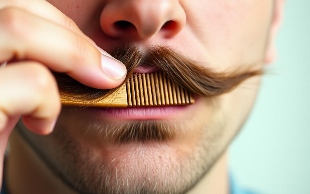 Close-up of a man combing his neat mustache straight down over his top lip with a small wooden mustache comb