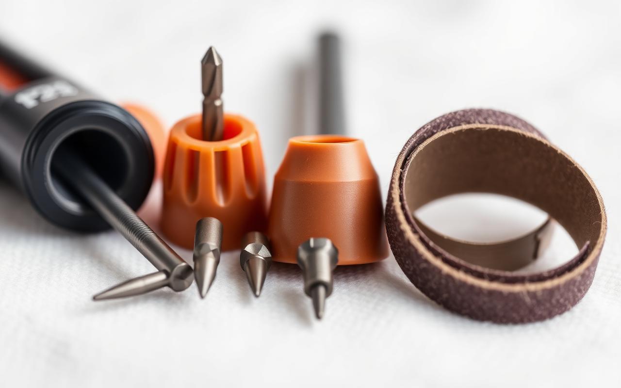 Assorted ceramic and diamond nail drill bits including barrel, safety cone, and sanding bands on a soft cloth
