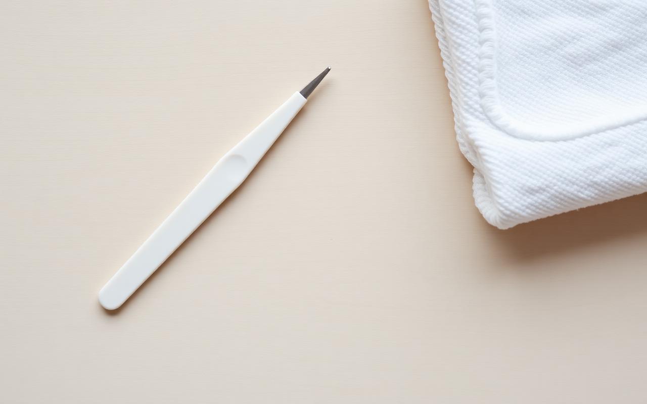Manicure cuticle tool and folded white towel laid out on a nail salon table