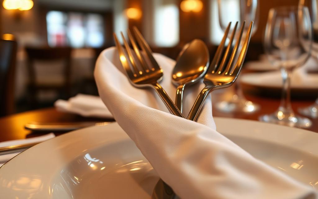 A starched white linen napkin folded into a triangular pocket holding silver cutlery on a place setting