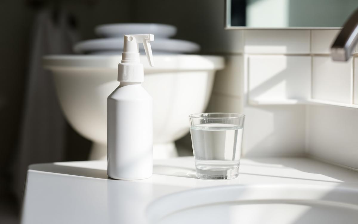 Nasal spray bottle and a blister pack of allergy tablets on a clean bathroom counter