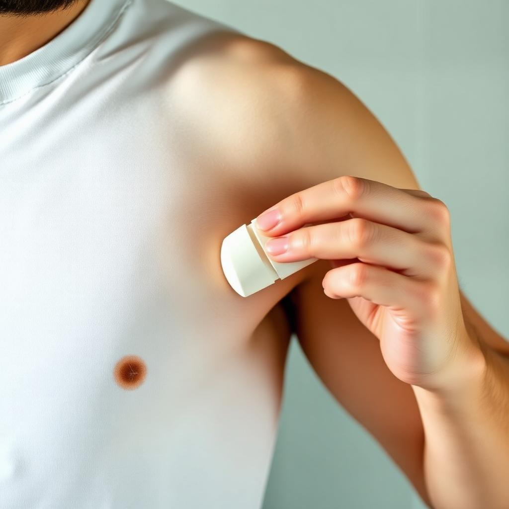 A man underarm being swiped with a plain white natural deodorant stick, close-up from the side