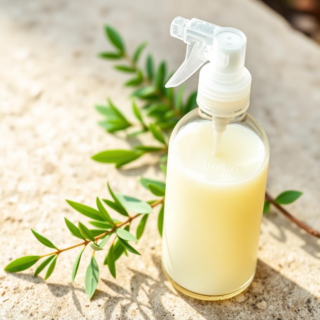 A glass spray bottle of milky neem oil solution sitting next to fresh neem leaves