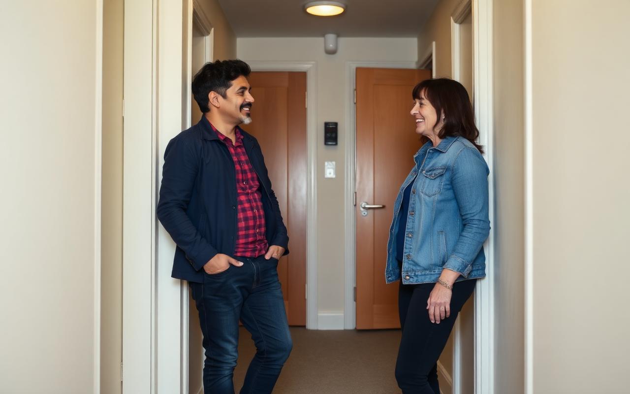 Two apartment neighbours talking briefly in a shared stairwell landing