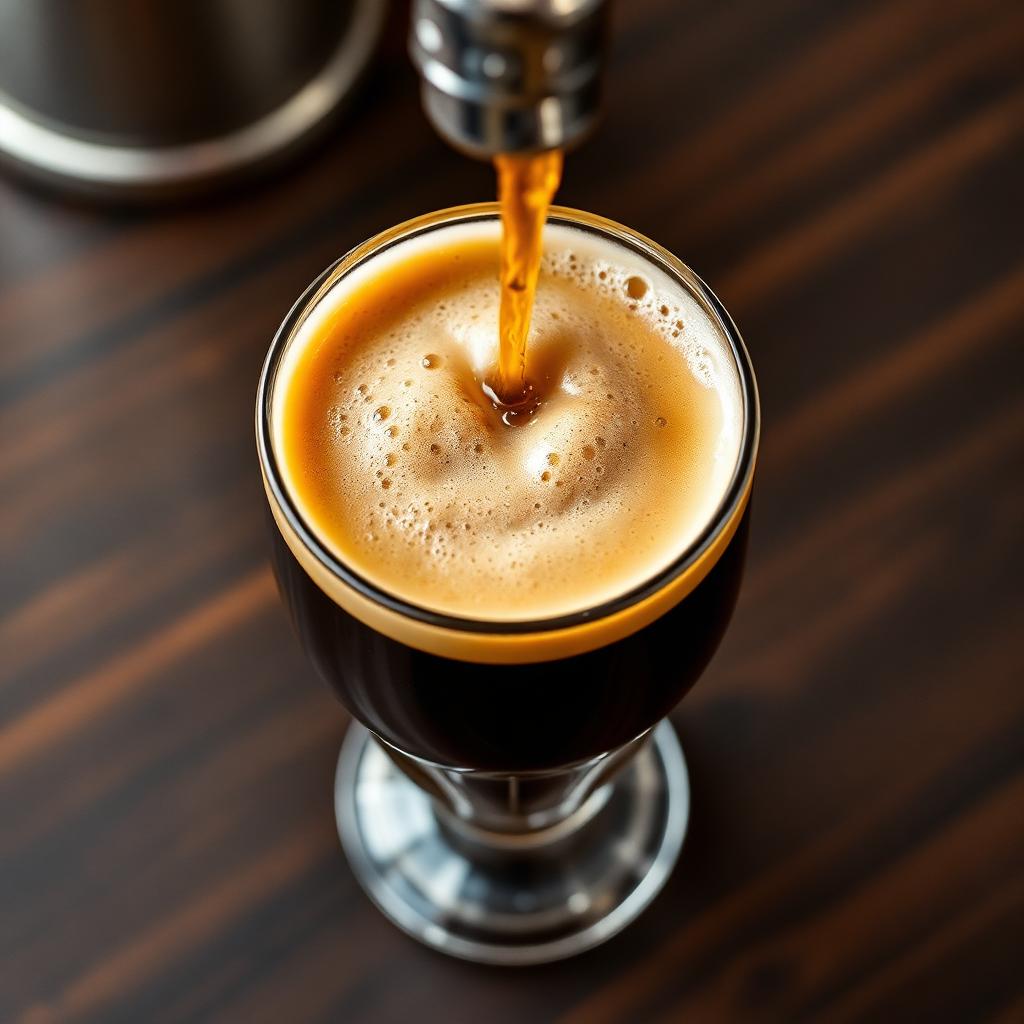A nitro cold brew cascading from a tap into a stemmed glass, showing the creamy tan micro-foam head that forms without any dairy or sugar