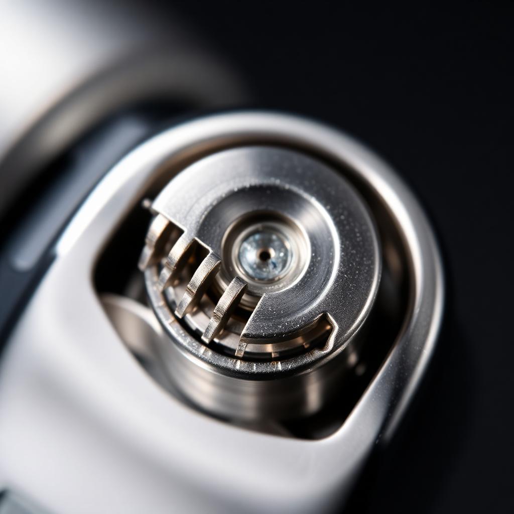 Macro close-up of the slotted rotary blade head of a stainless-steel nose hair trimmer