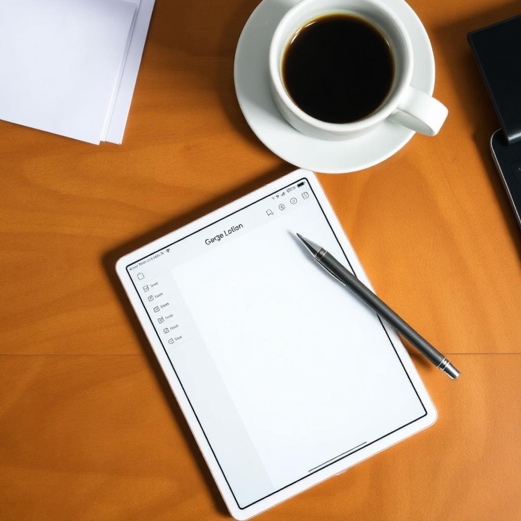 A tablet on a wooden desk showing a clean note taking app interface beside a cup of black coffee.
