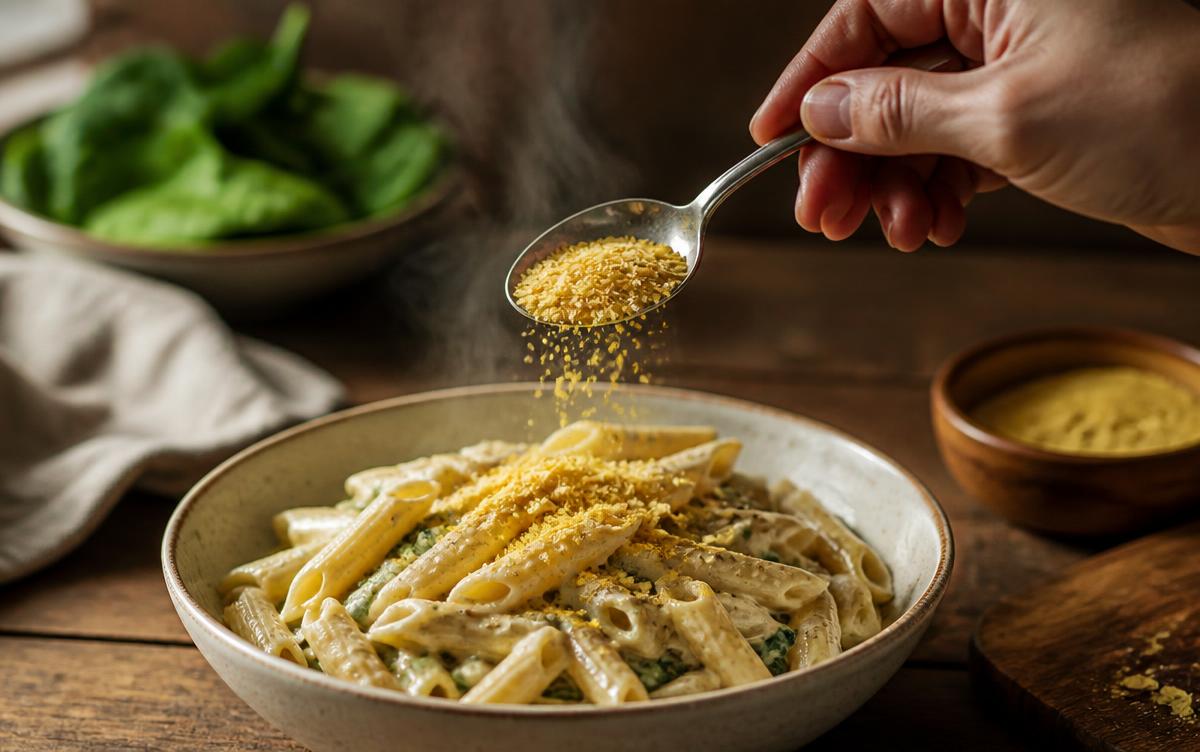 Nutritional yeast flakes being spooned over a bowl of creamy pasta