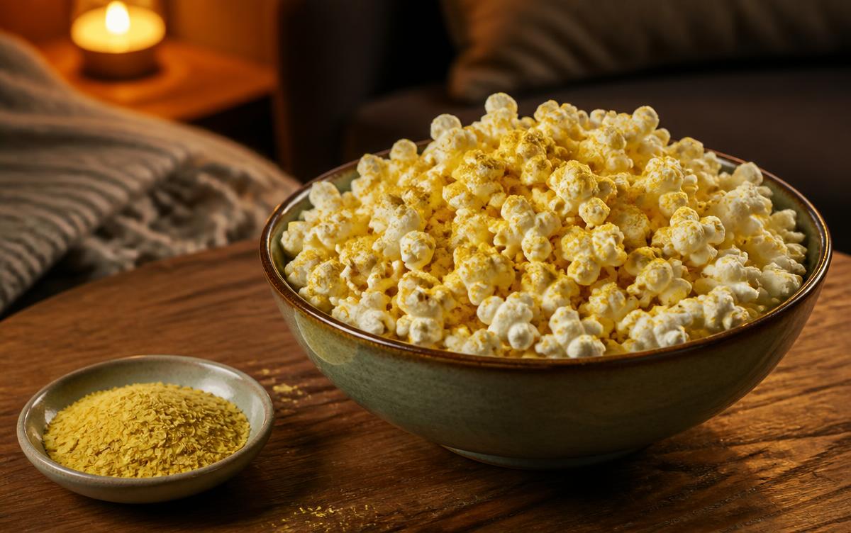 Popcorn dusted with gluten free nutritional yeast flakes beside a dish of the flakes