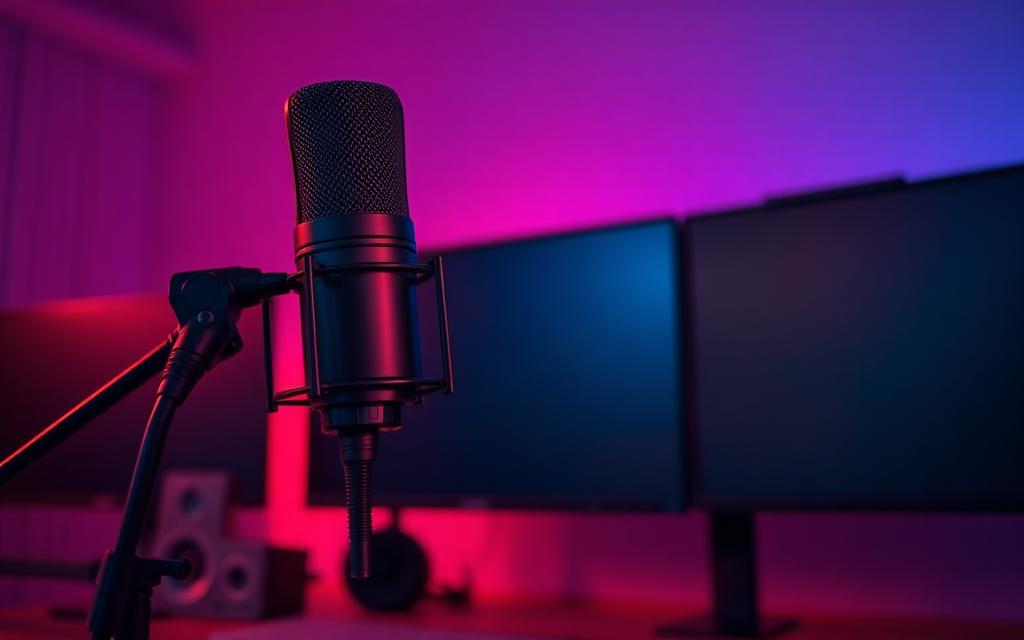 A studio condenser microphone on a desk in front of dark monitors with soft purple and red ambient lighting representing a creator setup