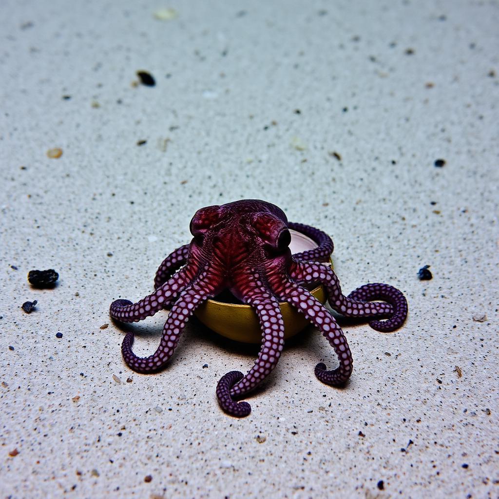 A small veined octopus on a sandy seabed carrying a half coconut shell beneath its body