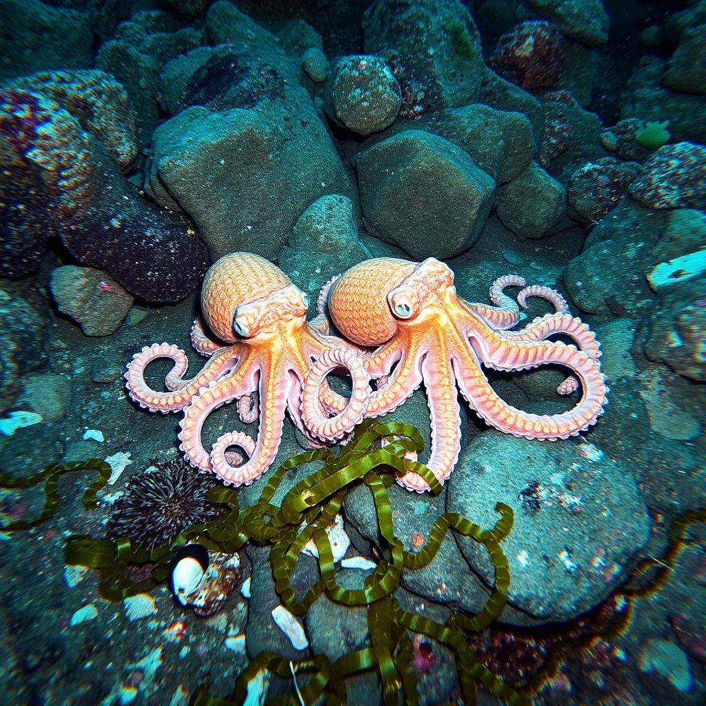 Two octopuses resting together on a rocky reef seabed with seaweed, the plural form octopuses in real underwater context