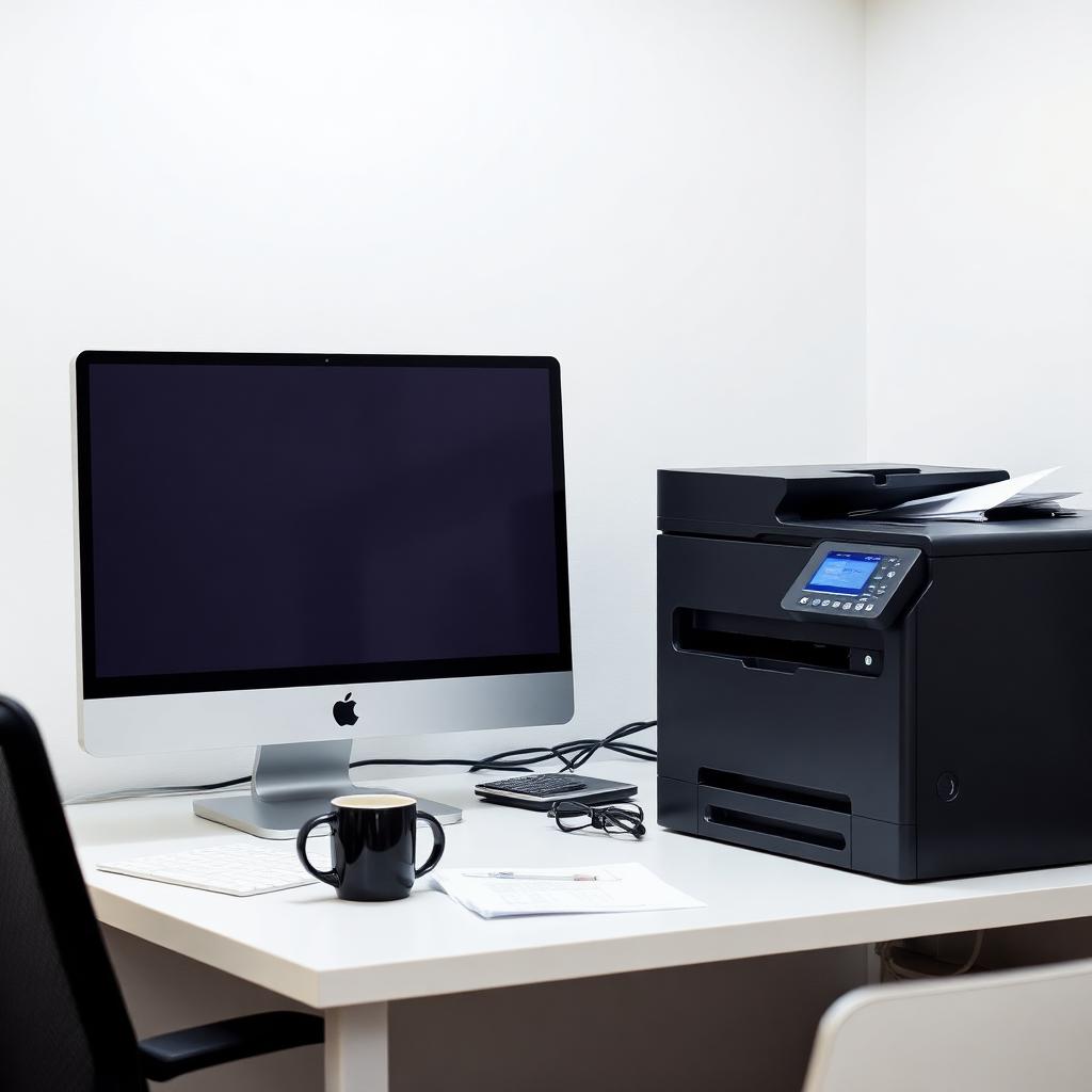 A clean modern desk with a desktop computer monitor and a black laser printer beside it, papers and a coffee mug on the desk
