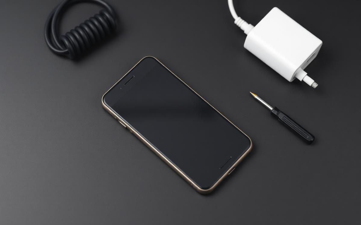 Older smartphone on a desk beside a charging cable and a small screwdriver for a battery replacement