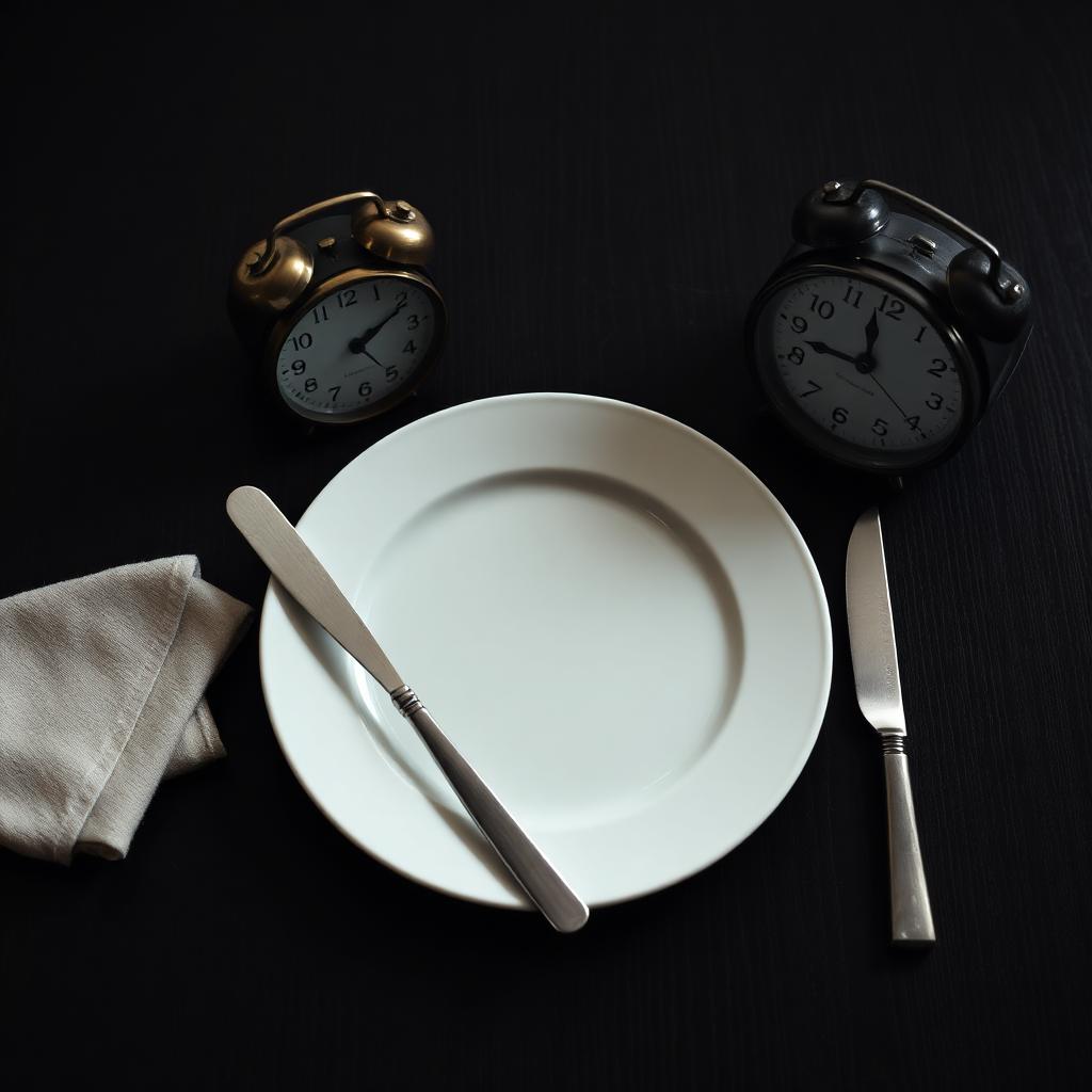 Empty white dinner plate with knife and fork beside two vintage clocks on a dark wooden table