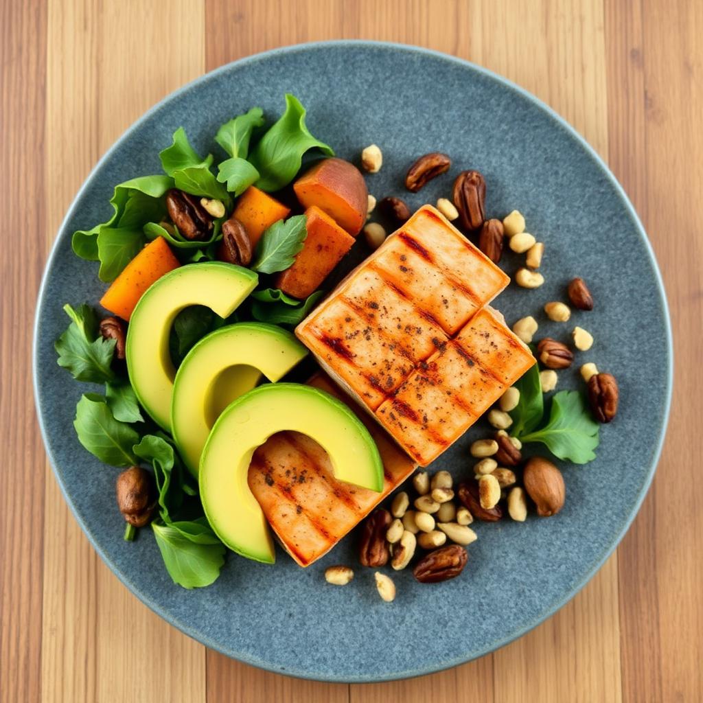 Hearty single meal with grilled salmon, avocado, sweet potato, leafy greens and nuts on a large stone plate