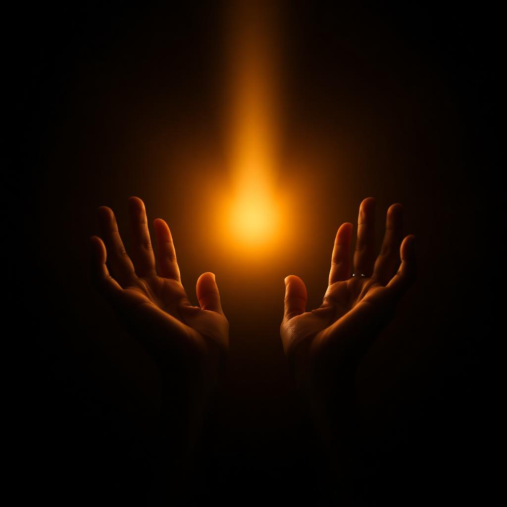 Empty open hands lifted upward toward a warm beam of light in surrender and gratitude after confession