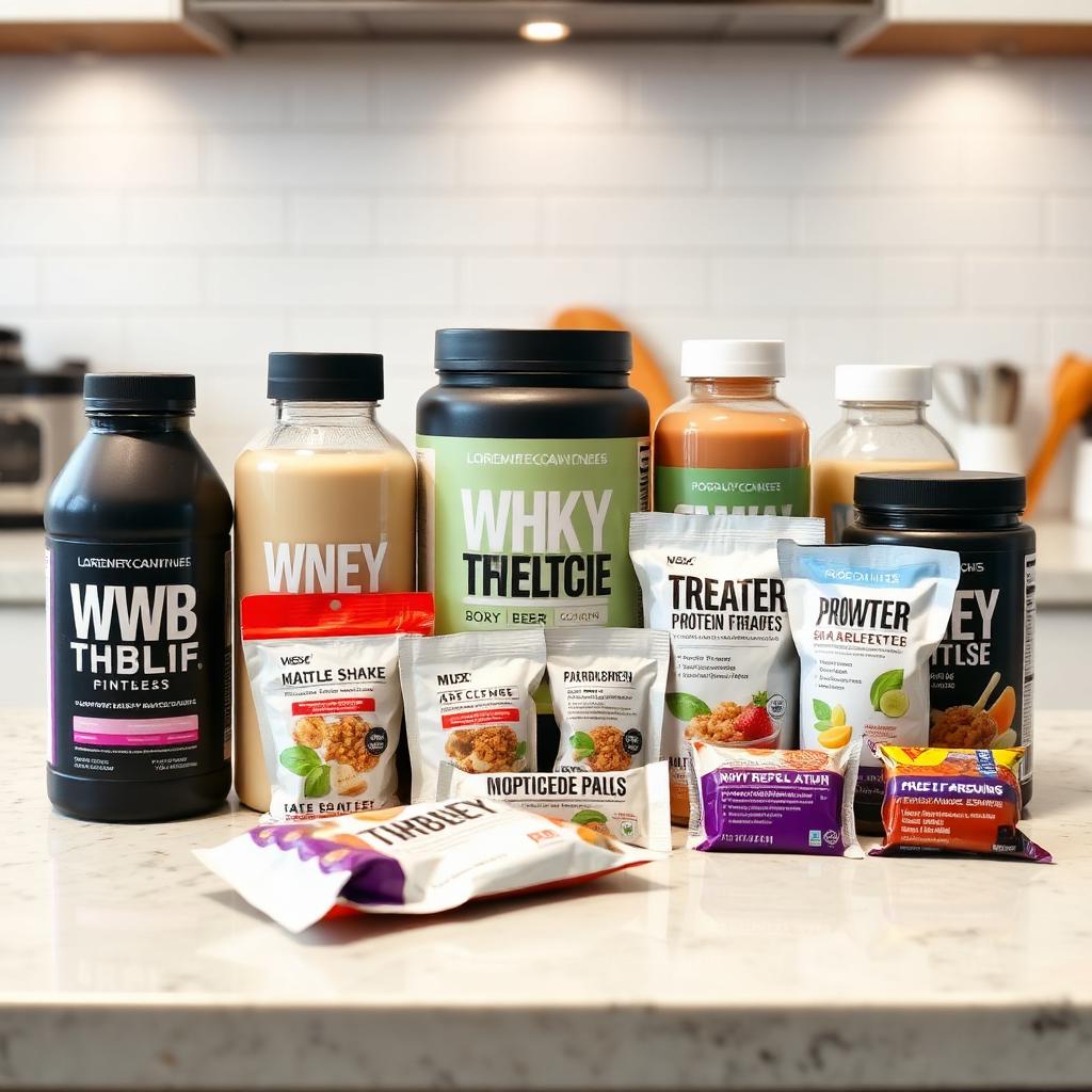 Assorted protein shake bottles, meal replacement bars and supplement packets on a clean kitchen counter