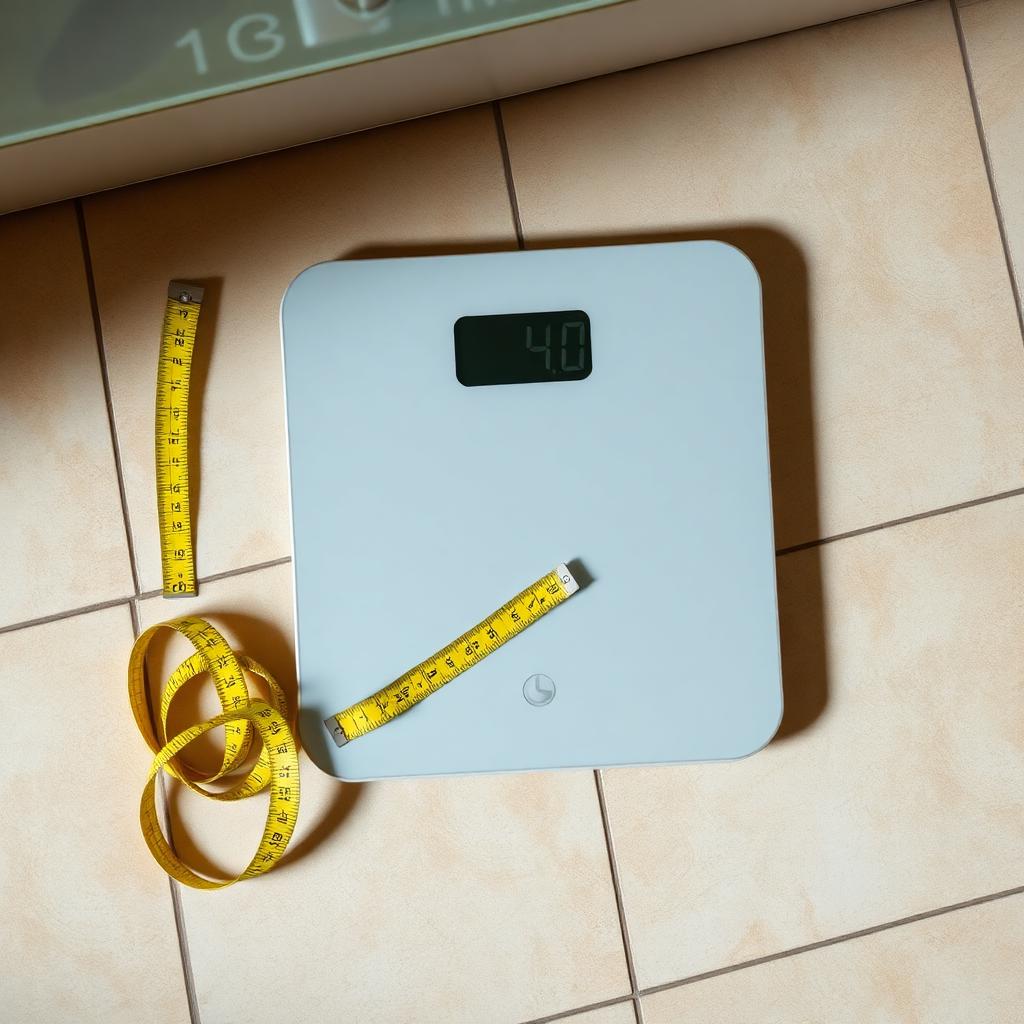 Digital bathroom scale on a tiled floor next to a coiled yellow measuring tape