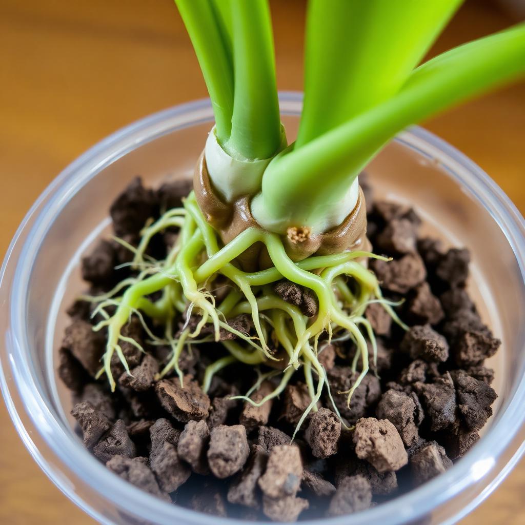 Healthy orchid roots in chunky bark potting medium inside a clear plastic pot.