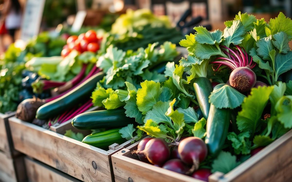 Wooden crates of freshly harvested organic vegetables including courgettes, beetroot and leafy greens at an outdoor market