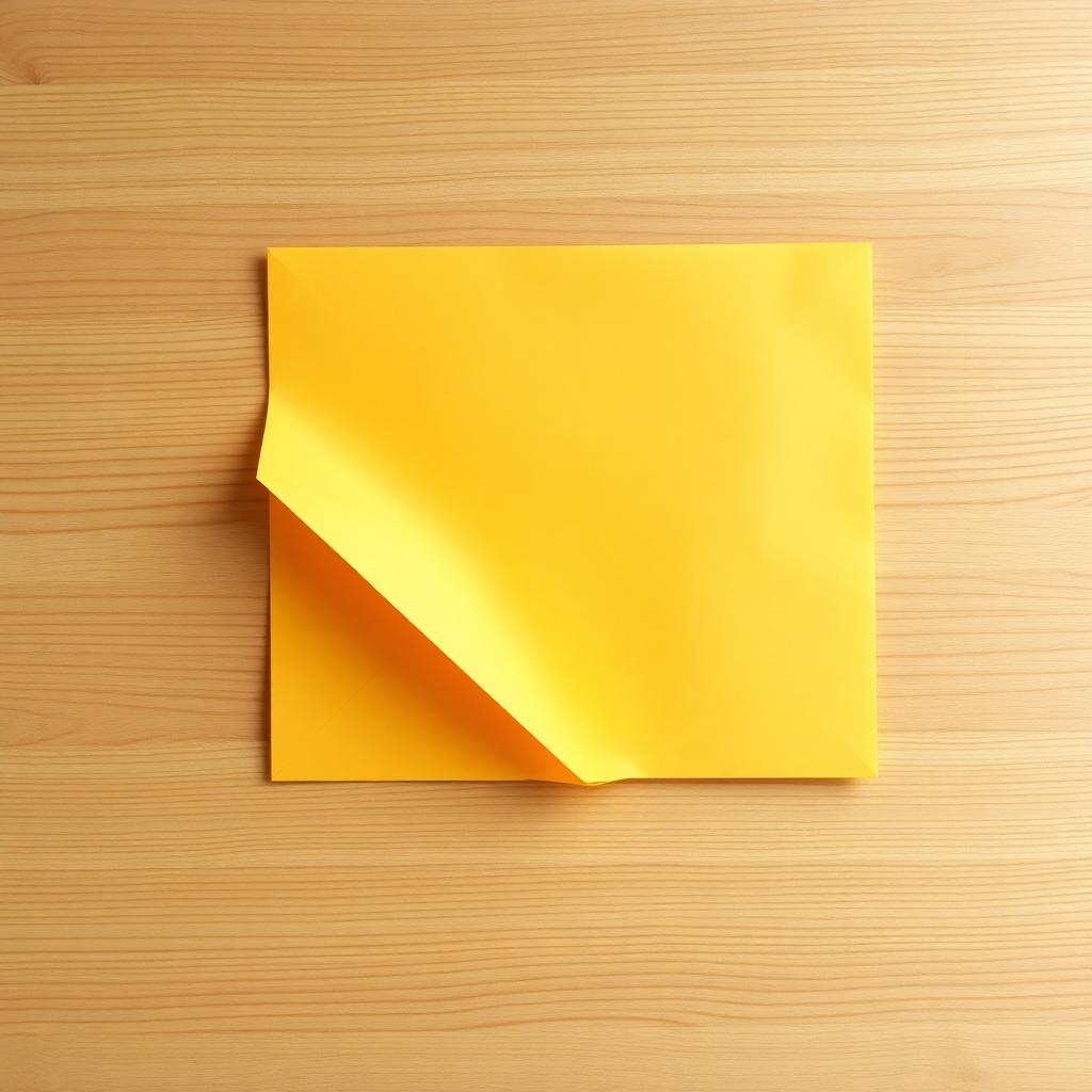 A flat sheet of bright yellow origami paper partially folded with crisp diagonal creases on a clean light wood table, top down view.